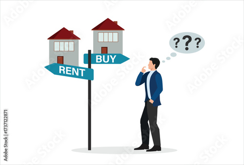 icon work concept vector template design element choice between buying and renting concept, house buy or rent, vs house with directions to buy or rent concept vector illustration