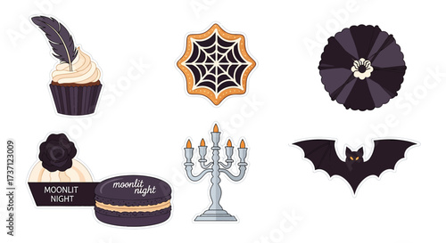 spooky halloween sweets for a moonlit night featuring cupcake cookie macaron pumpkin bat and candelabra ideal for party invitations or theme decorations