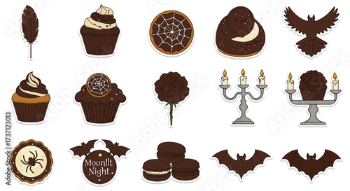 spooky halloween treats a collection of dark sweets  desserts like cupcakes macarons cookies and spiderwebs for autumn and spooky season themes.