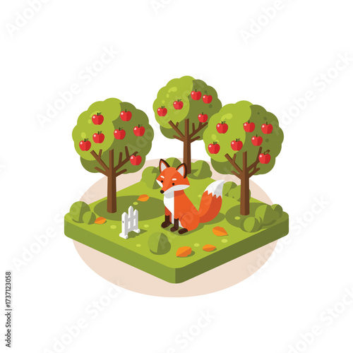A cute fox sitting in the middle of the apple trees.
