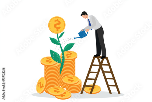 Mutual fund or growing investment, wealth profit growth or earning increase, savings or wealth management, pension fund concept, businessman investor watering stack dollar coin to grow money plant.