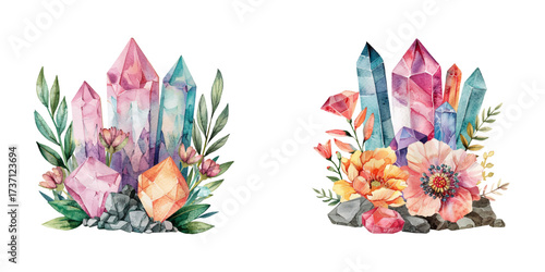 floral crystal gem watercolor vector illustration