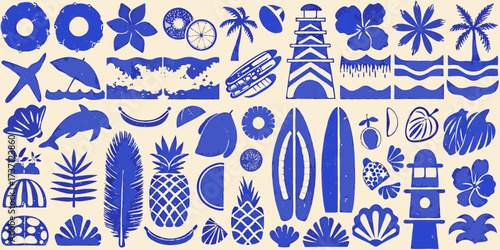 Collection of blue tropical summer vacation icons and symbols on beige background