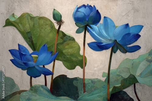 Elegant, blue lotus flowers and large green leaves against a textured, neutral backdrop