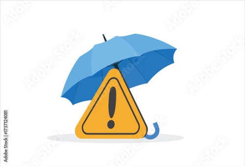 Exclamation attention sign under umbrella. Incident management, root cause analysis or solving problem, identify risk or critical failure concept. Flat vector illustration