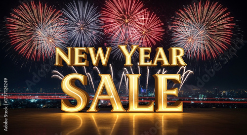 New year sale banner with fireworks and city skyline, perfect for advertising and marketing campaigns for your business during the festive season