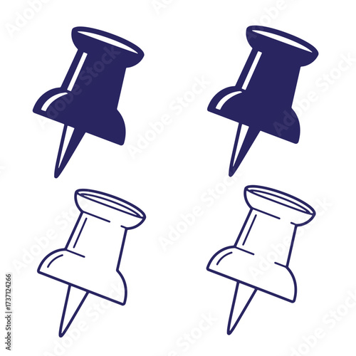 Four stylized push pins in dark blue and white outlines on isolated white background