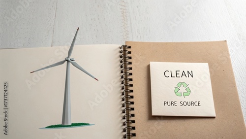 Wallpaper Mural Clean Energy Concept with Wind Turbine and Recycle Symbol on Notebook Page Promoting Sustainability and Environmental Awareness Torontodigital.ca