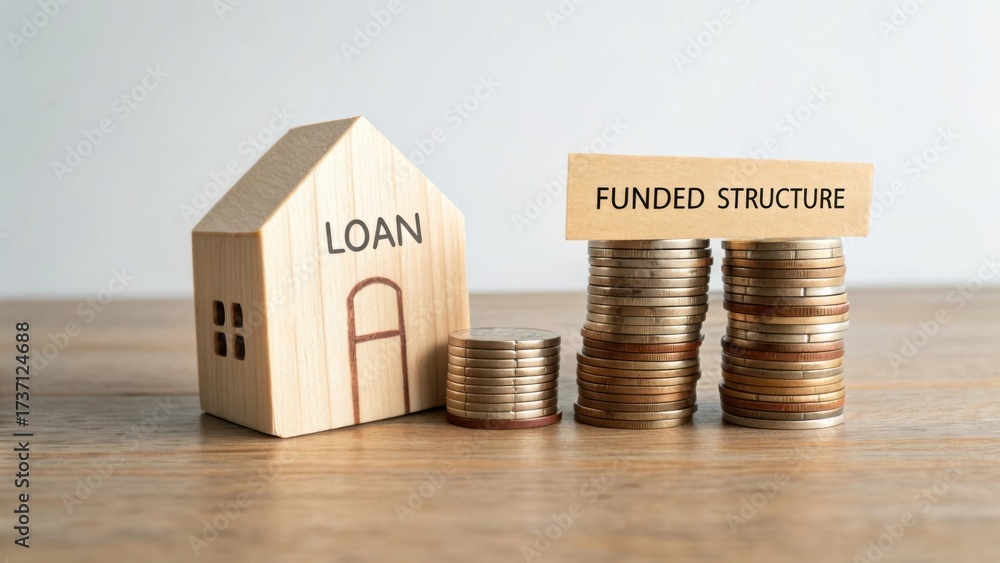 custom made wallpaper toronto digitalWooden house model with loan inscription and stacks of coins representing funded structure and financial planning concept