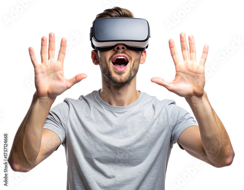 Young Man Wearing Virtual Reality Glasses Looking Up, Excited Expression, Isolated on Transparent Background
