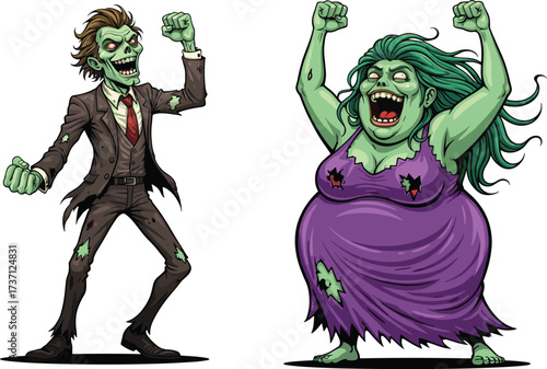 Cartoon zombie characters, scary undead illustration, Halloween monster artwork, creepy green skin creatures, horror fantasy design, spooky night theme, 