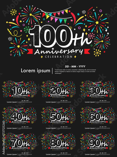 Set of 10-100th years anniversary celebration emblem with colorful fireworks, stars, bunting flag and ribbon on black background. vector illustration template