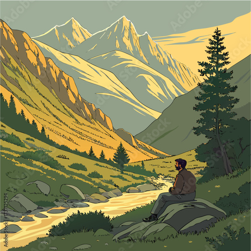A boy camping in the mountains