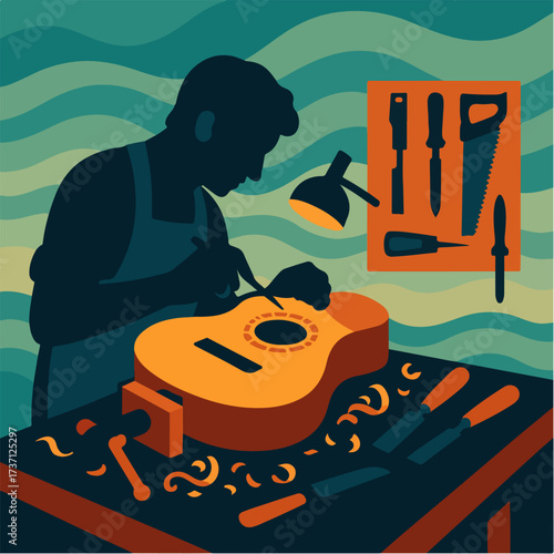 Luthier Building Acoustic Guitar In Workshop Handmade Musical Instrument Vector