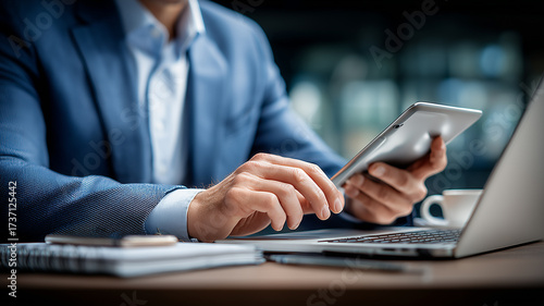 Wallpaper Mural Business professional using tablet and laptop illustrating digital productivity and the concept of connected workflows for decision making and remote operations.
 Torontodigital.ca