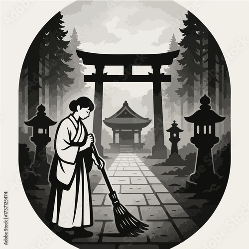 Monochrome Torii Shrine Path With Visitors In Misty Temple Courtyard