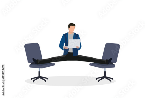 MobFlexible work, let employee manage their working time to finish project concept, smart relax businessman working with laptop computer stretching his leg between chairs balance like yogaile