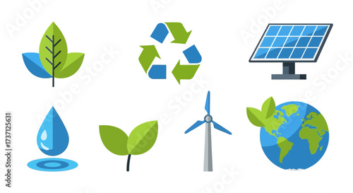 Eco Green Energy Icons – Leaf, Recycle, Solar Panel, Water Drop, Plant, Wind Turbine, and Earth for Sustainability, Renewable Energy, and Environmental Conservation Design