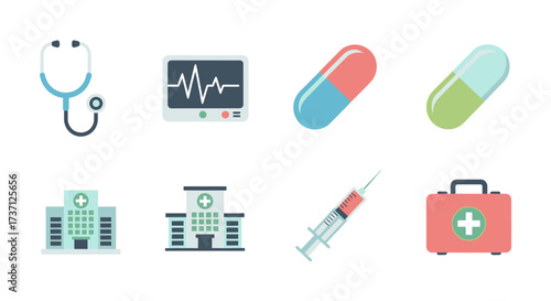 Medical Icons Set – Stethoscope, Heart Monitor, Pills, Syringe, Hospital, and First Aid Kit for Healthcare, Doctor, Pharmacy, and Medicine Illustration Design