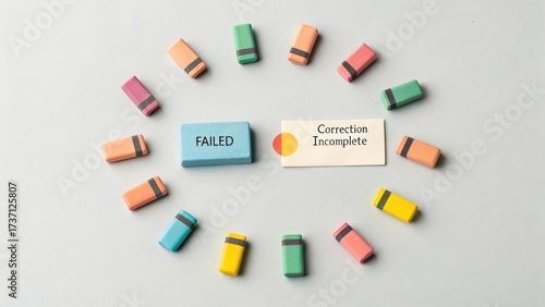 Wallpaper Mural Creative Representation of Correction Process with Colorful Erasers and Cards Symbolizing Failure and Incomplete Tasks Torontodigital.ca