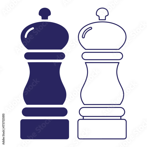 Minimalist vector illustration of salt and pepper shakers in solid and outline styles
