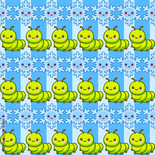 Playful seamless pattern of caterpillars and snowflakes fabric print wallpaper tileable design for creative wrapping