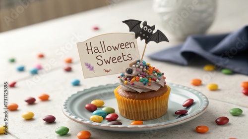 Wallpaper Mural Cute Halloween Cupcake with Bat Decoration and Colorful Sweets on Festive Table Setting for Spooky Celebrations Torontodigital.ca