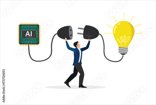 Mobilebusinessman connect plug with lightbulb idea to ai Artificial Intelligence. or processing chip into human brain with Light bulb development innovation concept vector