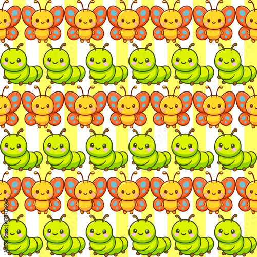 Playful seamless pattern of kawaii butterflies and caterpillars for wallpaper fabric and print in bright colors