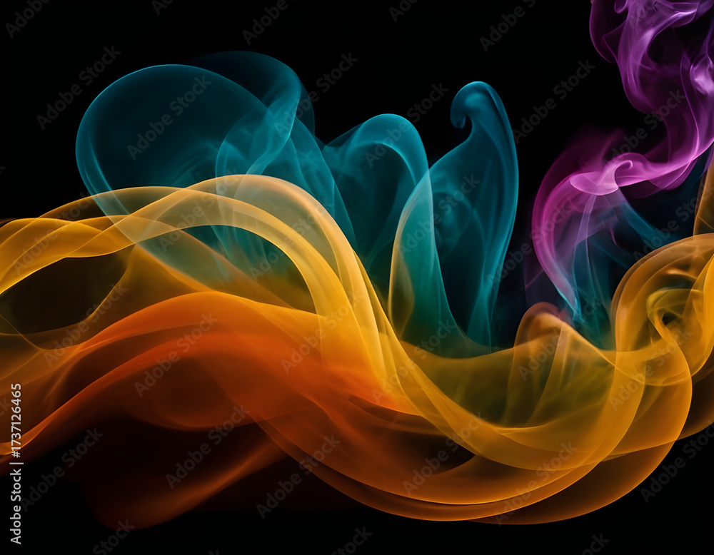 Fototapeta premium Vivid Abstract Smoke Waves. Dynamic colored smoke waves are ideal for vibrant backgrounds and modern design elements. A colorful smoke on black.