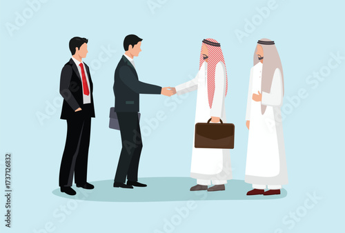 icon logo team work art design vector element Simple flat vector illustration of an Arabic businessman shake hand with western businessman