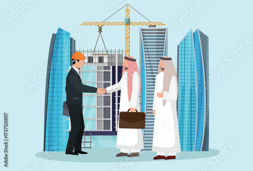 Handshake of arab businessmen and builder from architectural bureau standing near tower crane. Manager of international construction company makes important business deal with arab investors