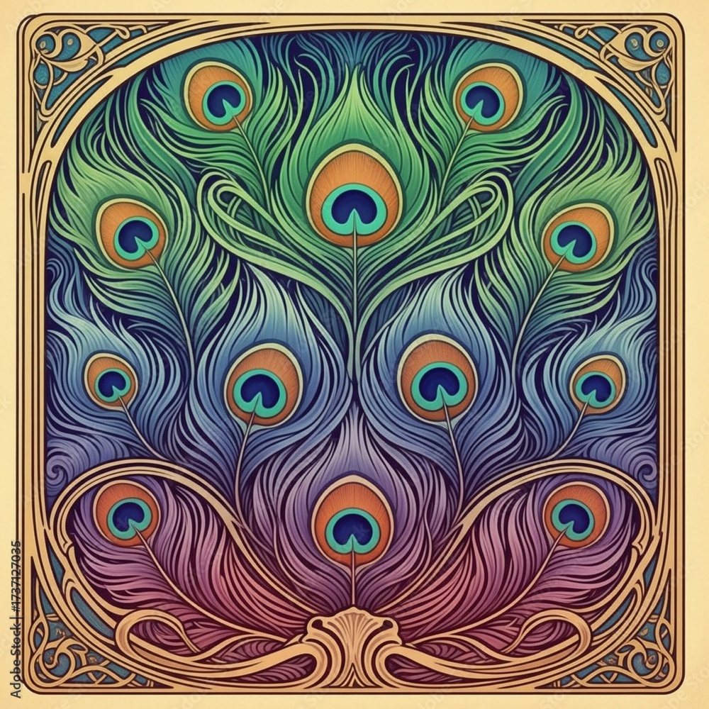 Fototapeta premium Art Nouveau Peacock Feathers Pattern with Ornate Frame and Swirling Designs