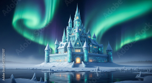 A majestic ice castle stands under the mesmerizing aurora borealis, creating a magical and enchanting winter scene, evoking a sense of wonder and fantasy