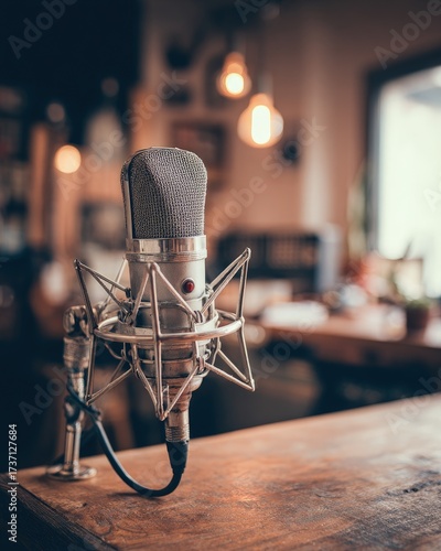 Vintage Microphone On Wooden Table In Cafe