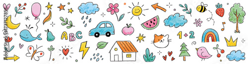 Kid crayon pencil sketch hand drawn cute childish background. Crayon pencil stroke doodle flower, cartoon sun, rainbow cartoon elements. Kid style cute star, tree, heart shapes. Vector illustration