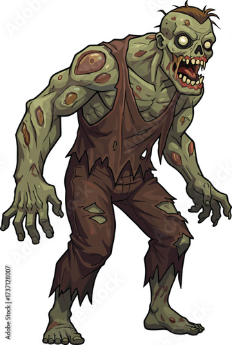 Cartoon zombie illustration, scary undead monster, creepy horror character, green decaying skin, grotesque face, Halloween artwork, spooky design, terrifying creature