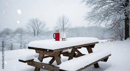Wallpaper Mural Snow Covered Picnic Table with Thermos in a Winter Landscape Torontodigital.ca