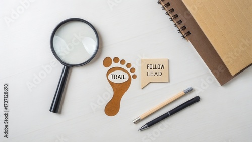 Wallpaper Mural Footprint Trail Magnifying Glass Notebook and Pens on Wooden Desk for Exploration and Discovery Concept in Business and Education Torontodigital.ca