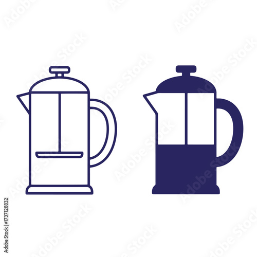 Simple outline and solid blue icons of french press coffee makers on white background