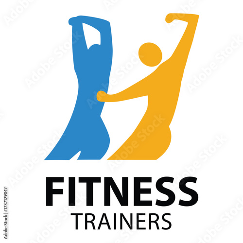 Fitness trainers logo showing two abstract figures, in a supportive, energetic exercise pose for a sports club brand
