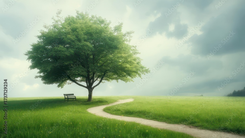 Fototapeta premium Tranquil countryside path with a lone tree