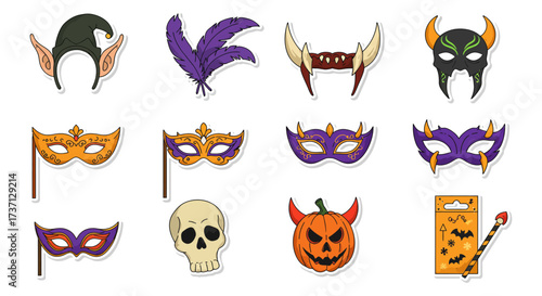 Halloween costume props featuring masks horns and skeleton head perfect for party decorations and spooky season celebrations.