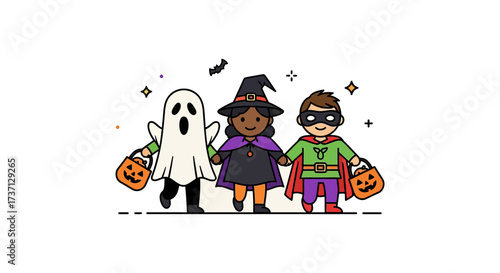 halloween costumes kids trick-or-treating in ghost witch  superhero outfits holding pumpkin buckets celebrating spooky season fun