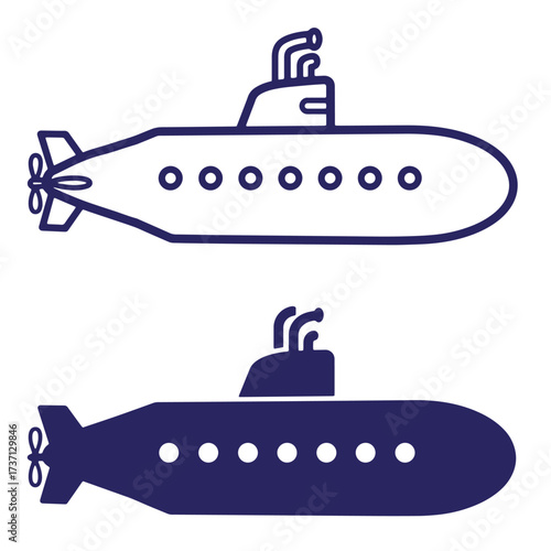 Simple vector illustration depicting two blue submarines isolated on a clean white background