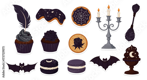 spooky halloween desserts cupcakes cookies donuts and macarons with bats candles and brooms for holiday treats and party decorations.