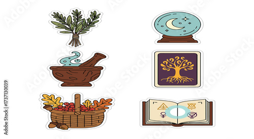 witchcraft illustration featuring magic book crystal ball mortar and pestle and herbs for spellwork perfect for magical design and esoteric themes.