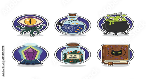 Witchcraft stickers bubbling cauldron potent potions spellbook and mystic crystal ideal for magical illustrations and fantasy-themed designs.