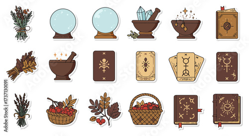 Witchcraft supplies and tools for mystical rituals featuring herbs crystals and tarot cards perfect for fantasy illustration and magic content.