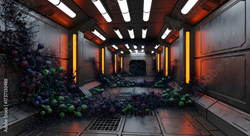 Sci-Fi Corridor Overgrown, Abandoned Space Station, Futuristic Interior